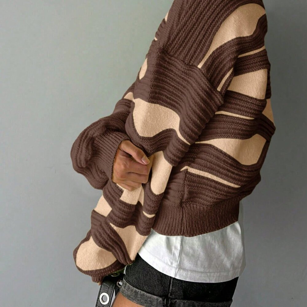 Khaki & Browm Casual Women's Round Neck Wave Stripe Long-Sleeved Knit Sweater - Picture 4 of 4